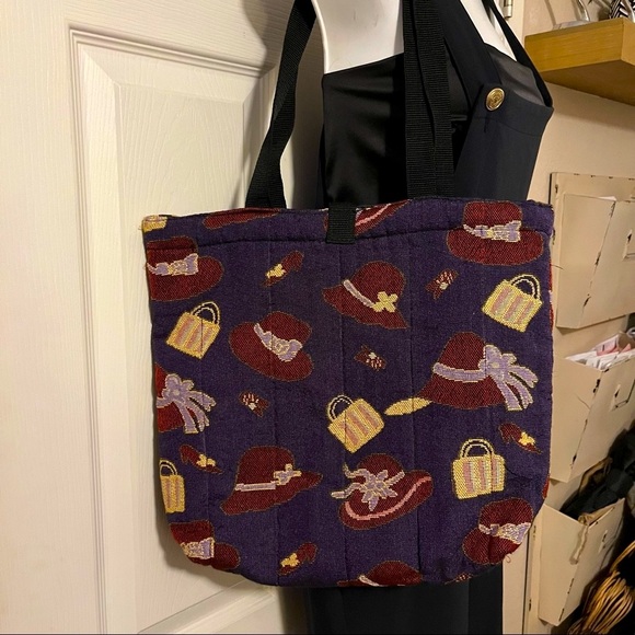 Red Hat Society Purple and Red Quilted Tapestry Fabric Two Handle Laptop Tote - Picture 2 of 4